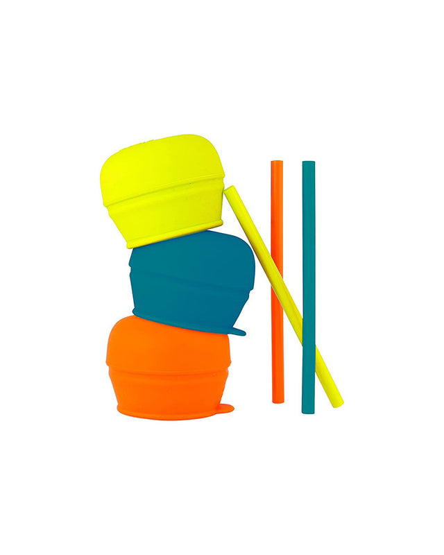 Boon SNUG Straw - 3 Couvercles + 3 pailles en silicone Bleu/Orange/Vert