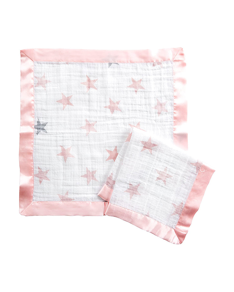 2 Couvertures-Doudous en mousseline avec bordure en Satin - Dusty pink