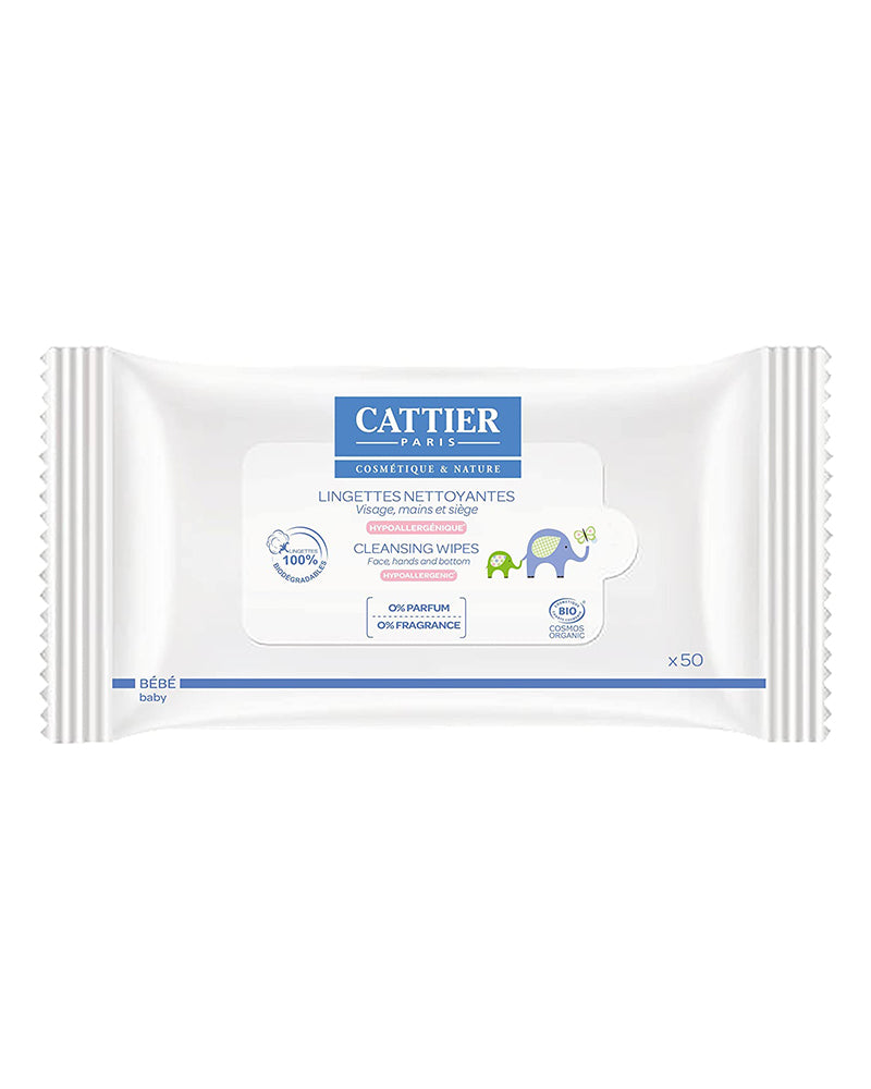 Lingettes Nettoyantes Cattier sans Parfum pour Visage,Mains et Siège x50