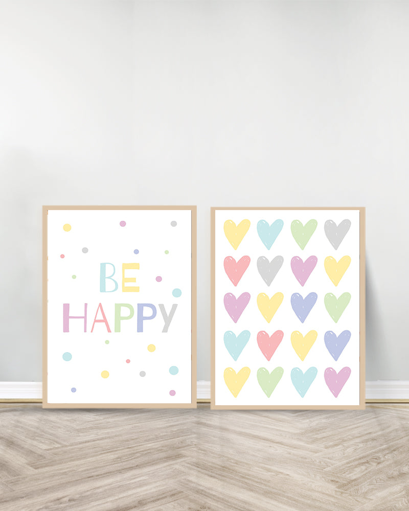 Set of 2 decorative paintings - Be Happy | Hearts - Wood
