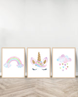 Set of 3 decorative paintings - Rainbow | Unicorn | Cloud - Wood