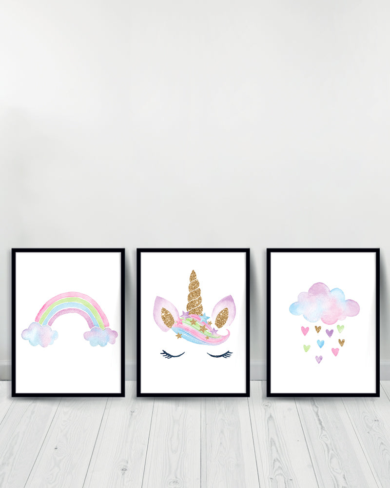 Set of 3 decorative paintings - Rainbow | Unicorn | Cloud - Black