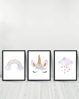 Set of 3 decorative paintings - Rainbow | Unicorn | Cloud - Black