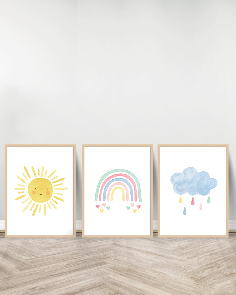 Set of 3 decorative paintings - Sun | Rainbow | Blue Cloud - Wood