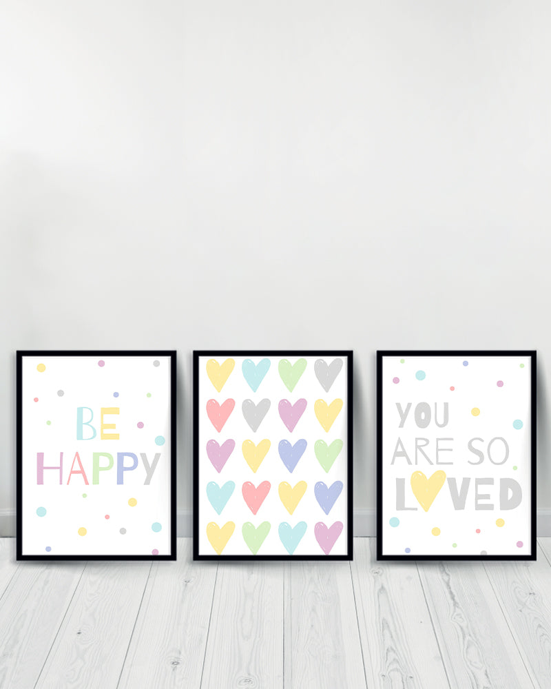 Ensemble de 3 Tableaux décoratifs - Be Happy | Coeurs | You Are So Loved - Noir