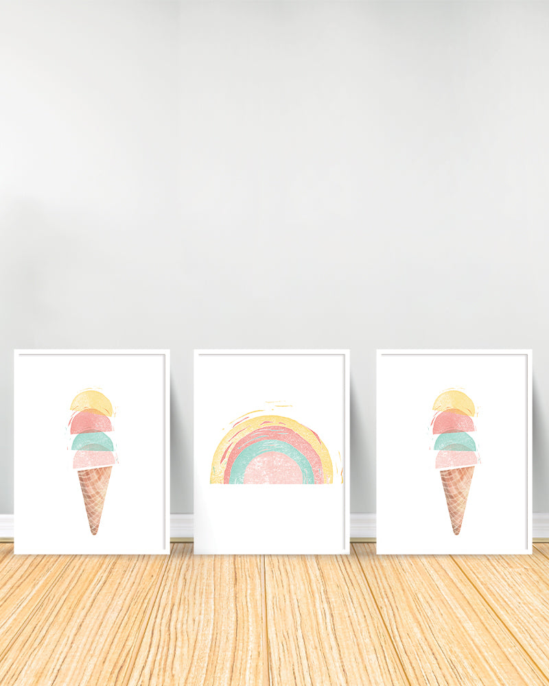 Set of 3 decorative paintings - Balloons | Rainbow | Ice Cream - White
