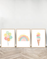 مجموعة من 3 لوحات زينة - بالونات | قوس قزح | آيس كريم - خشب