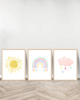 مجموعة من 3 لوحات زينة - شمس | قوس قزح | سحابة وردية - خشب