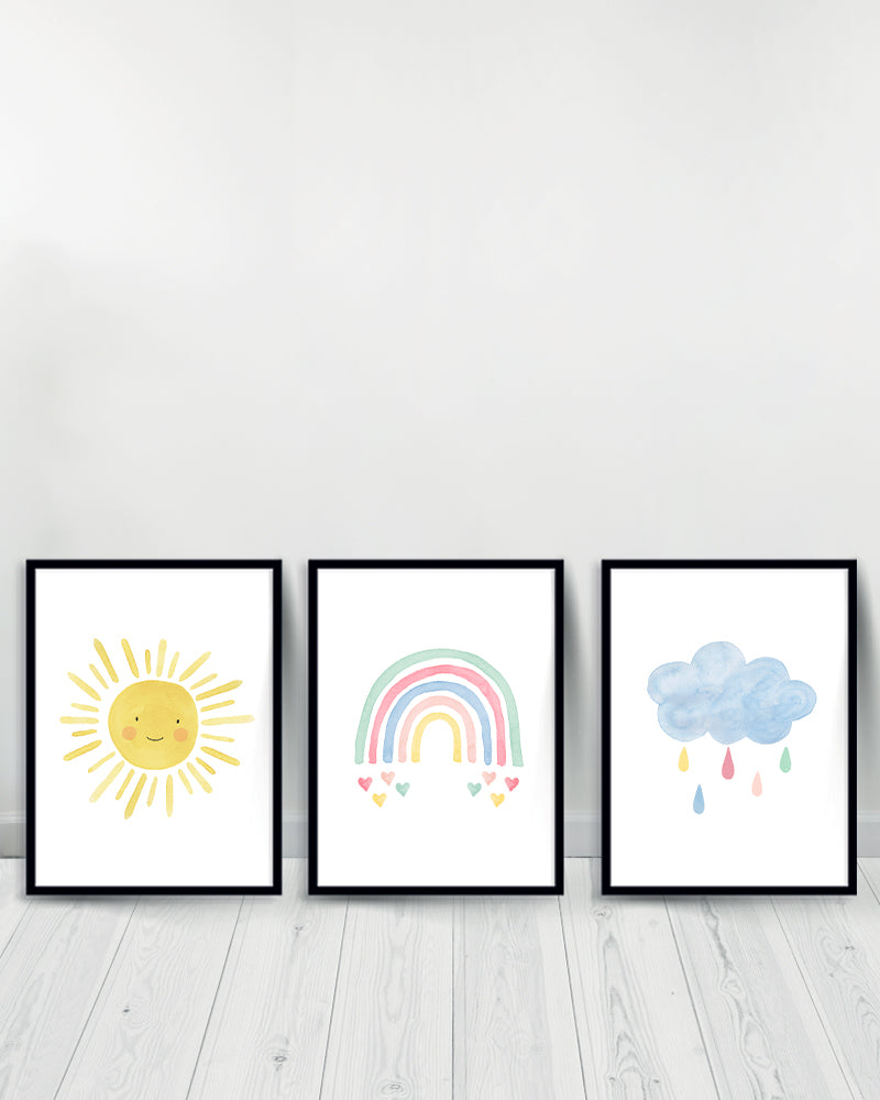 مجموعة من 3 لوحات زينة - شمس | قوس قزح | سحابة زرقاء - سوداء