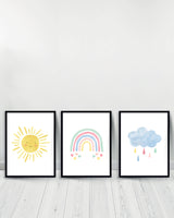 Set of 3 decorative paintings - Sun | Rainbow | Blue Cloud - Black