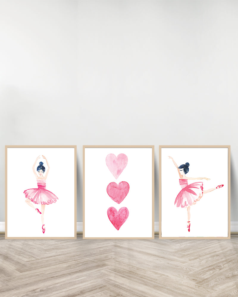 Set of 3 decorative paintings - The two Ballerinas | Hearts - Wood