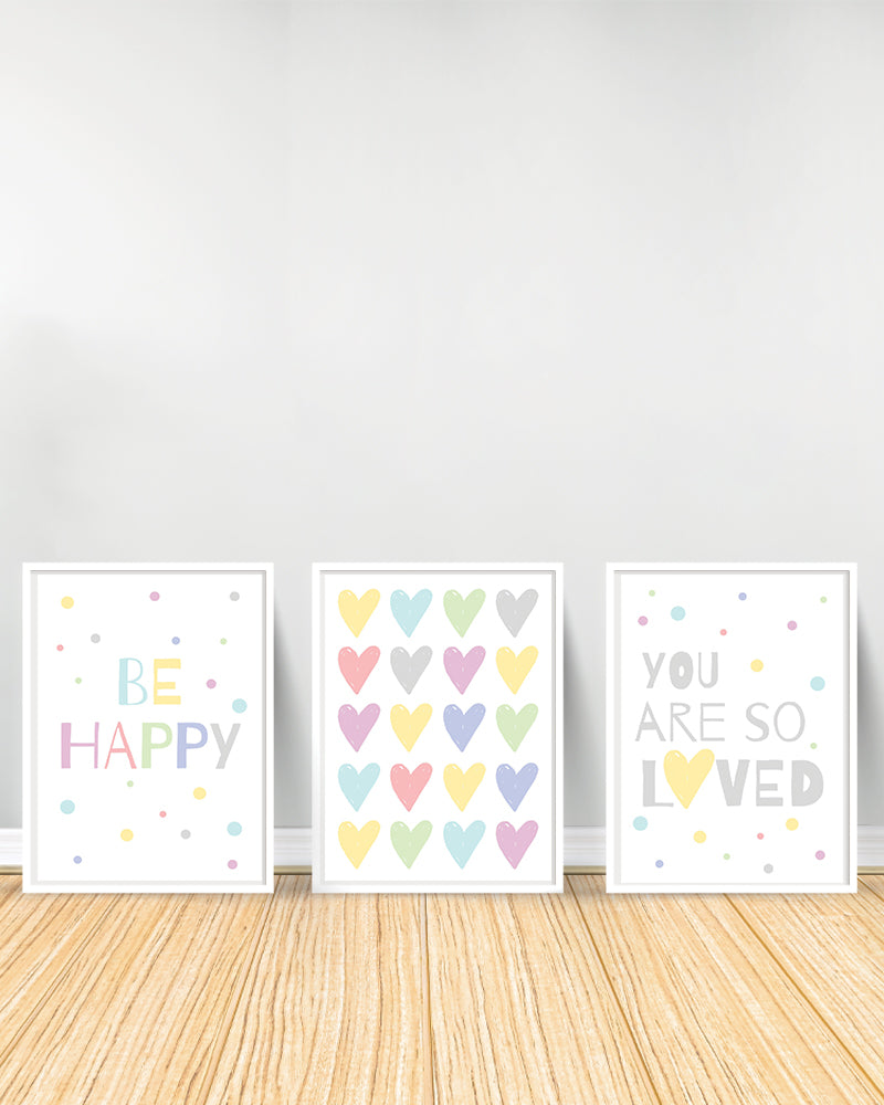 Set of 3 decorative paintings - Be Happy | Hearts | You Are So Loved - White