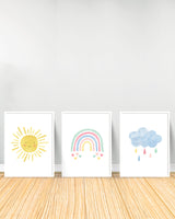 Set of 3 decorative paintings - Sun | Rainbow | Blue Cloud - White