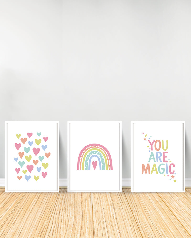 Ensemble de 3 Tableaux décoratifs - Cœurs | Arc-en-ciel | You Are Magic - Blanc