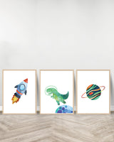 Set of 3 decorative paintings - Dinosaur in Space - Wood