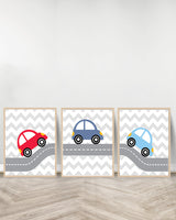 Set of 3 decorative paintings - Three Cars on the road - Wood