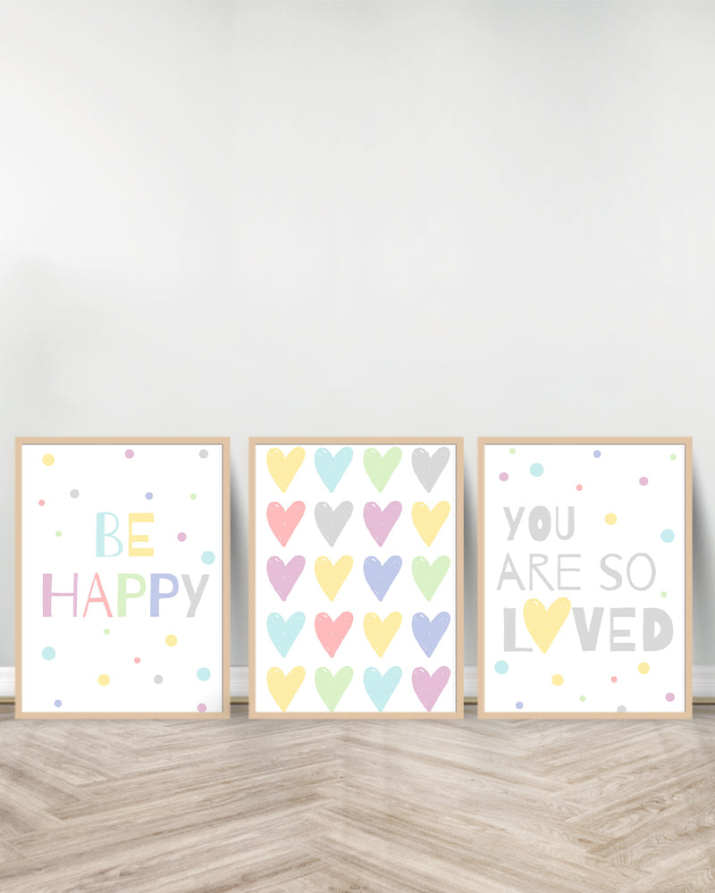 مجموعة من 3 لوحات زينة - كن سعيدًا | قلوب | أنت محبوب جدًا - خشب