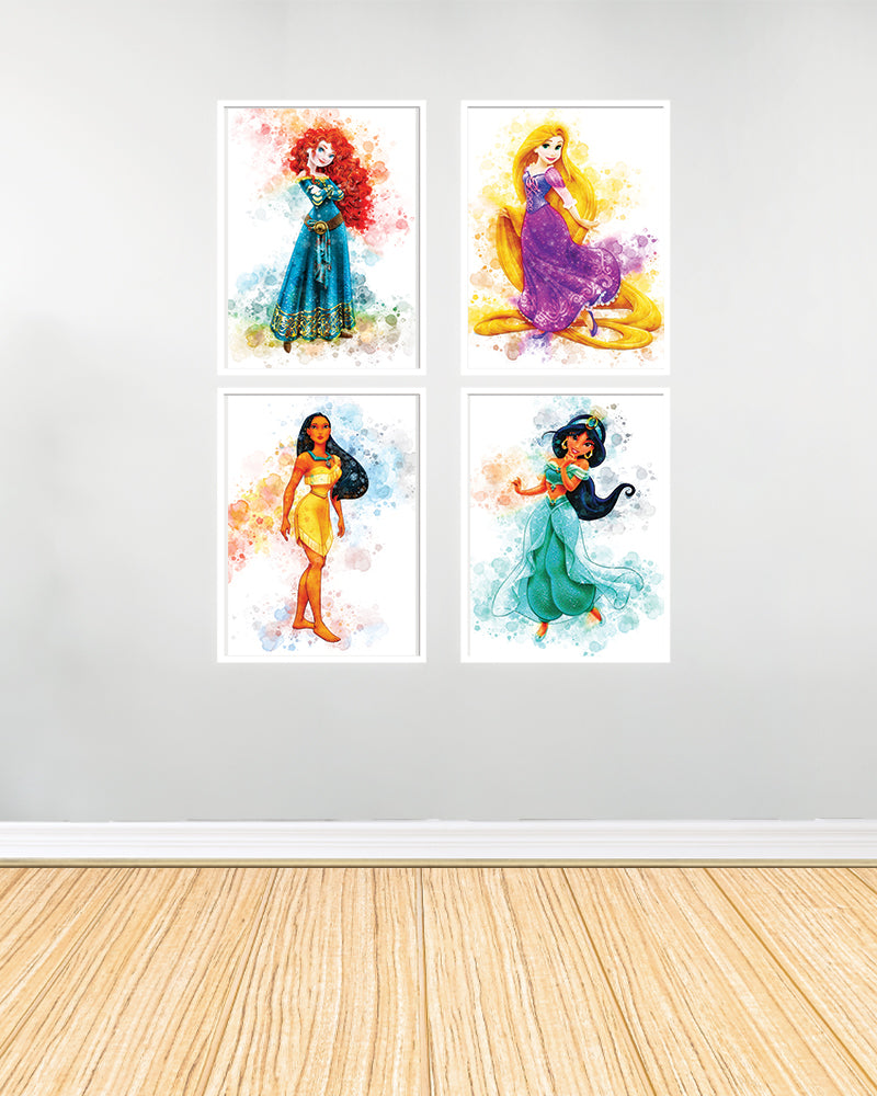 مجموعة من 4 لوحات زينة - أميرات ديزني 2 - بيضاء