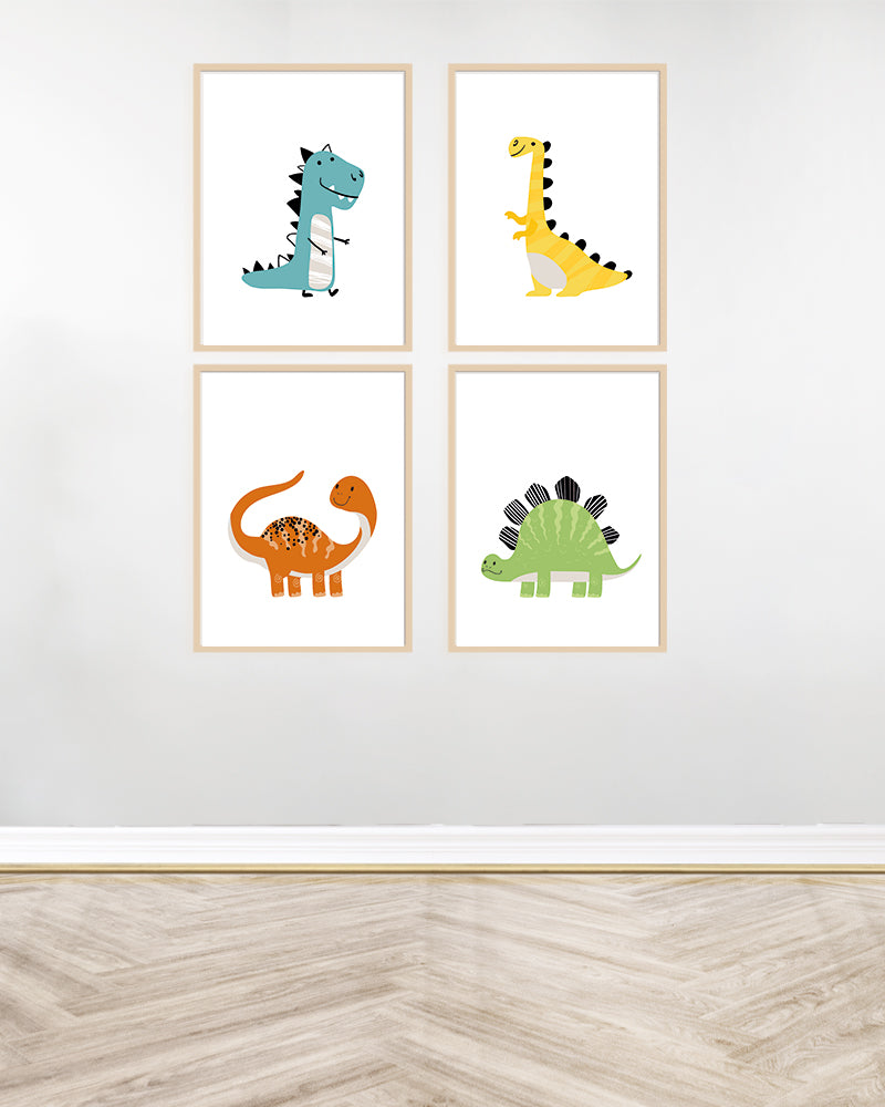 Set of 4 decorative paintings - Dinosaurs - Wood