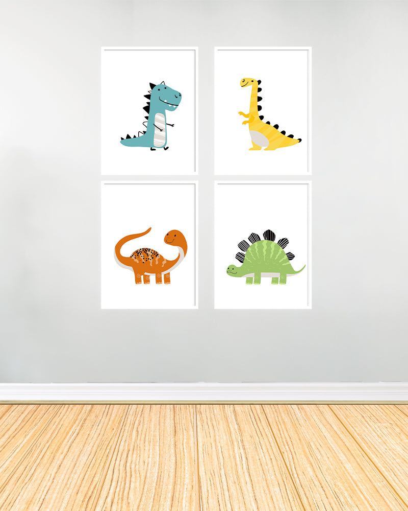 Ensemble de 4 Tableaux décoratifs - Dinosaures - Blanc