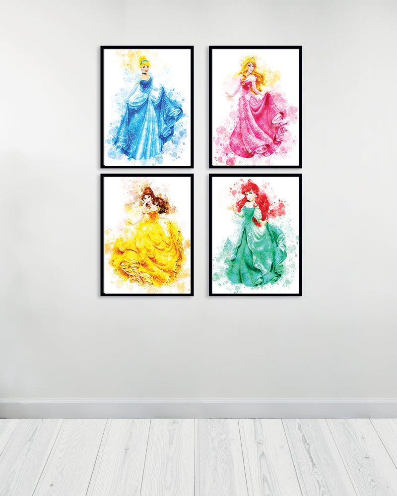 مجموعة من 4 لوحات زينة - أميرات ديزني 1 - سوداء