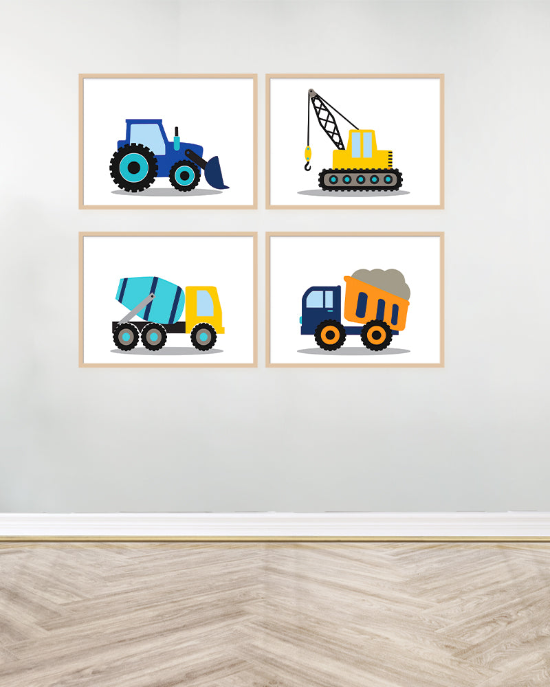 Set of 4 decorative paintings - Construction vehicles - Wood