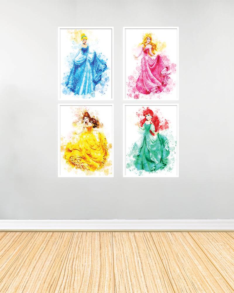 مجموعة من 4 لوحات زينة - أميرات ديزني 1 - بيضاء