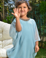 Hand-beaded muslin gandoura for girls - Sky Blue