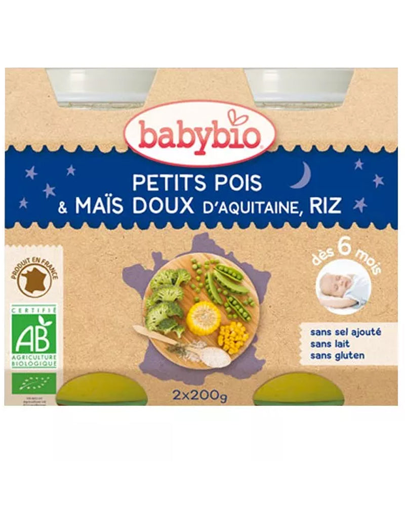 Babybio Pot Bonne Nuit Petits Pois Mais Riz 2x200g