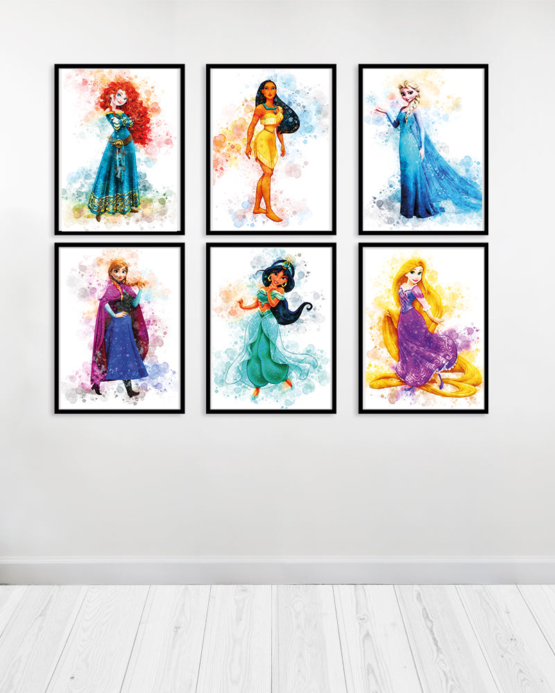 مجموعة من 6 لوحات زينة - أميرات ديزني 2 - سوداء