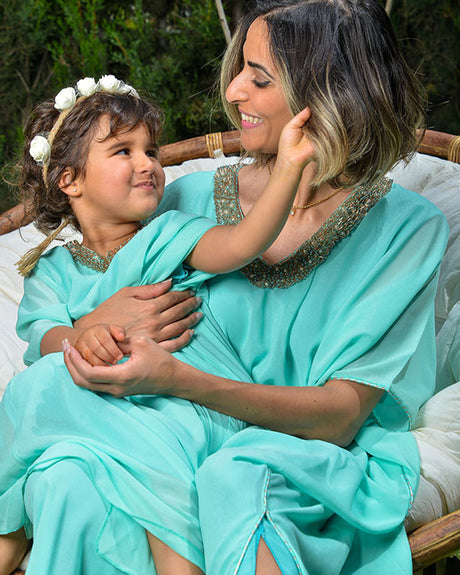 Gandoura en mousseline perlée à la main pour filles - Vert Eau