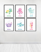 Set of 6 decorative paintings - Marine animals with text - Black