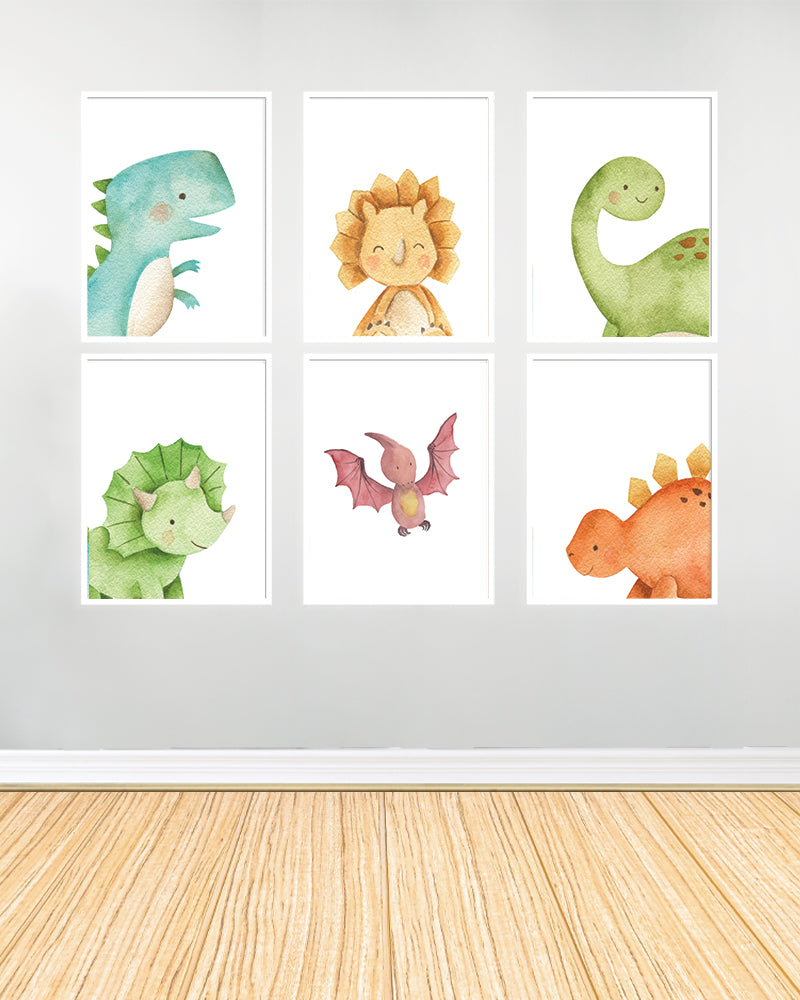 Ensemble de 6 Tableaux décoratifs - Dinosaures - Blanc