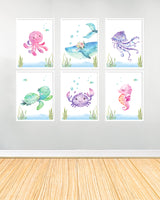 مجموعة من 6 لوحات زينة - حيوانات بحرية - بيضاء