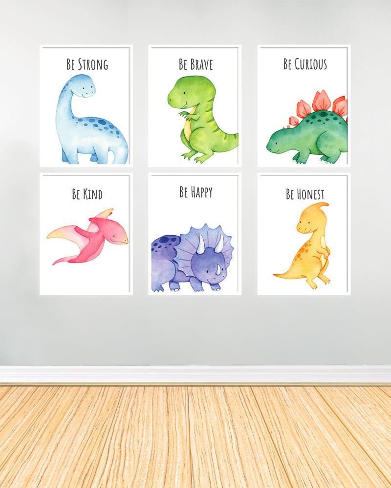 Ensemble de 6 Tableaux décoratifs - Dinosaures avec texte 2 - Blanc