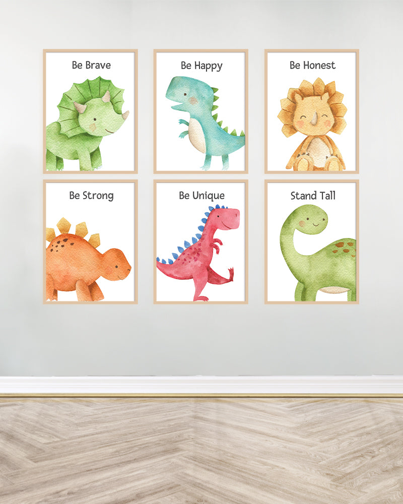Set of 6 decorative paintings - Dinosaurs with text 1 - Wood