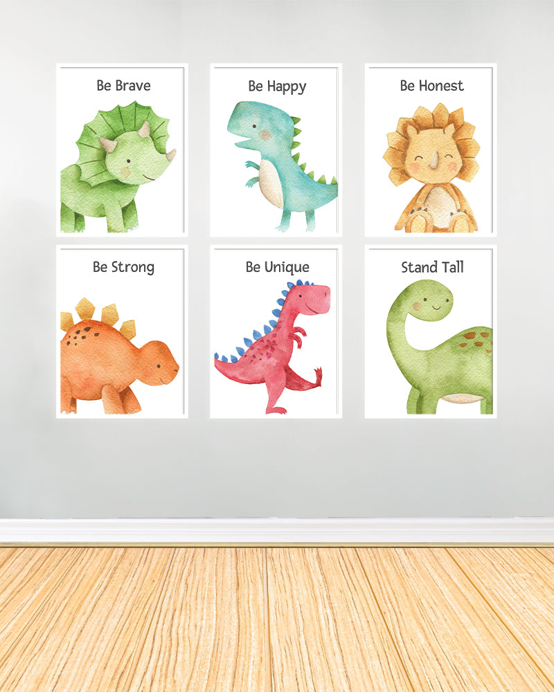 Ensemble de 6 Tableaux décoratifs - Dinosaures avec texte 1 - Blanc