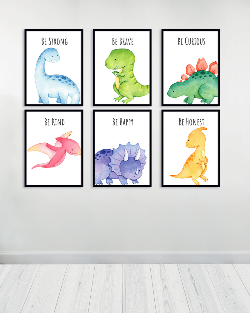Ensemble de 6 Tableaux décoratifs - Dinosaures avec texte 2 - Noir