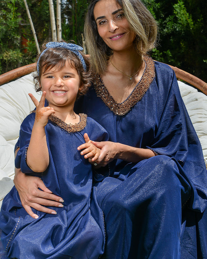 Gandoura en mousseline perlée à la main pour filles - Bleu Marine