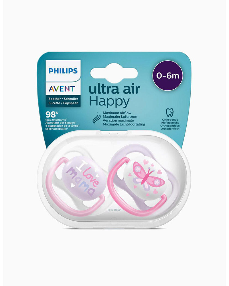 Avent Lot de 2 Sucettes Ultra Air Collection Happy 0-6m Fille