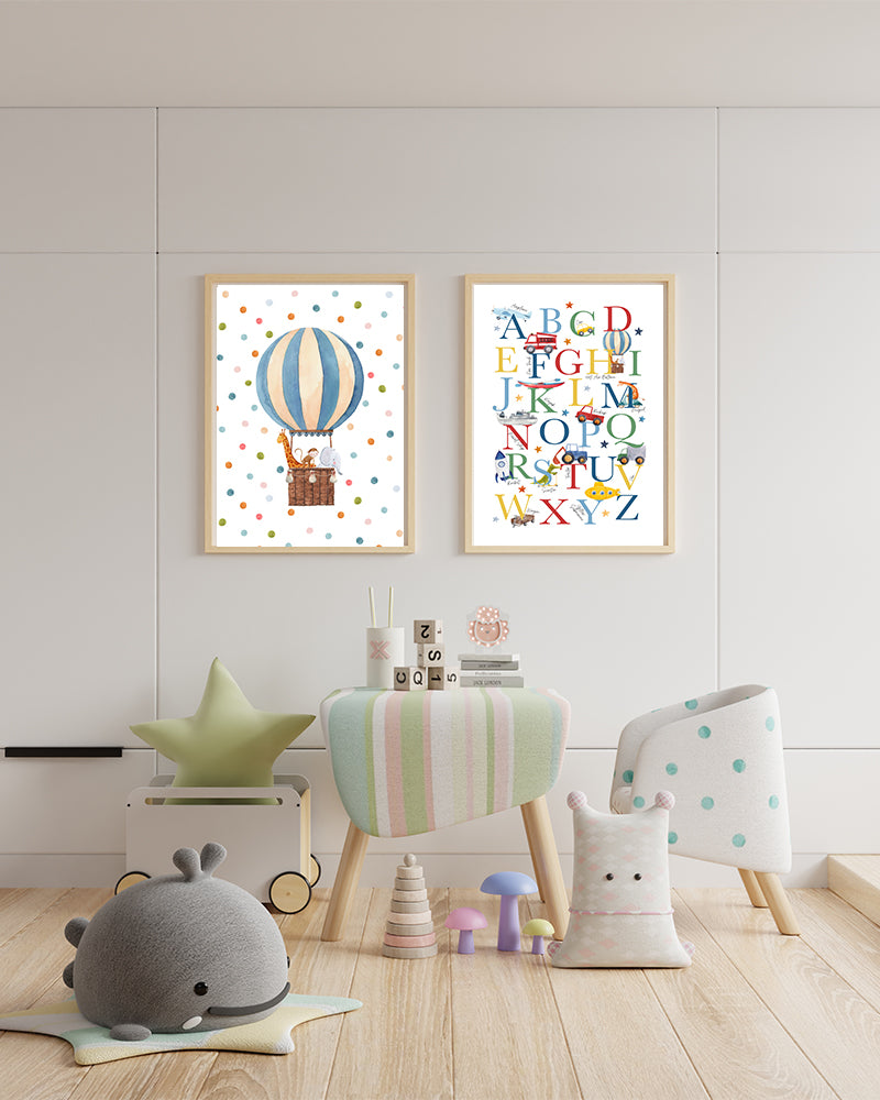 Set of 2 decorative paintings - Hot Air Balloon | Alphabet - Wood