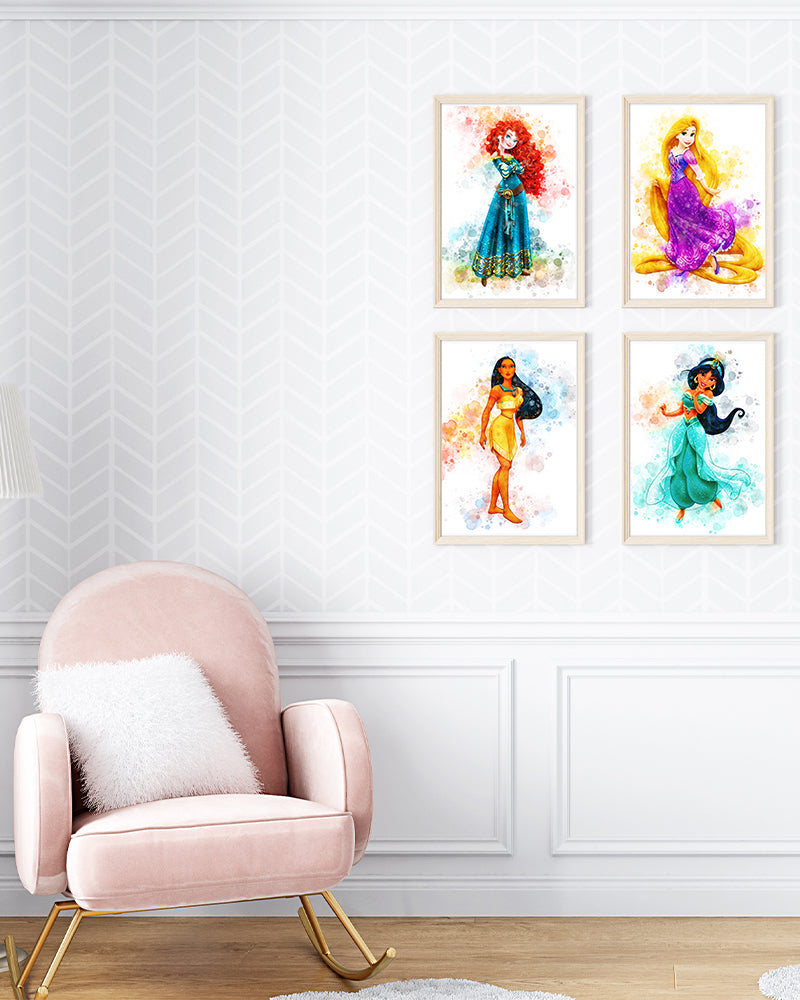 مجموعة من 4 لوحات زينة - أميرات ديزني 2 - بيضاء