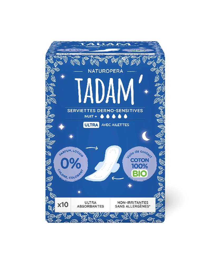 Tadam' Serviettes Dermo-sensitives Ultra avec Ailettes - Nuit+ 10 unités