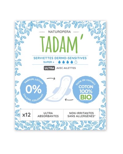 Tadam' Serviettes Dermo-sensitives Ultra avec Ailettes - Super+ 12 unités