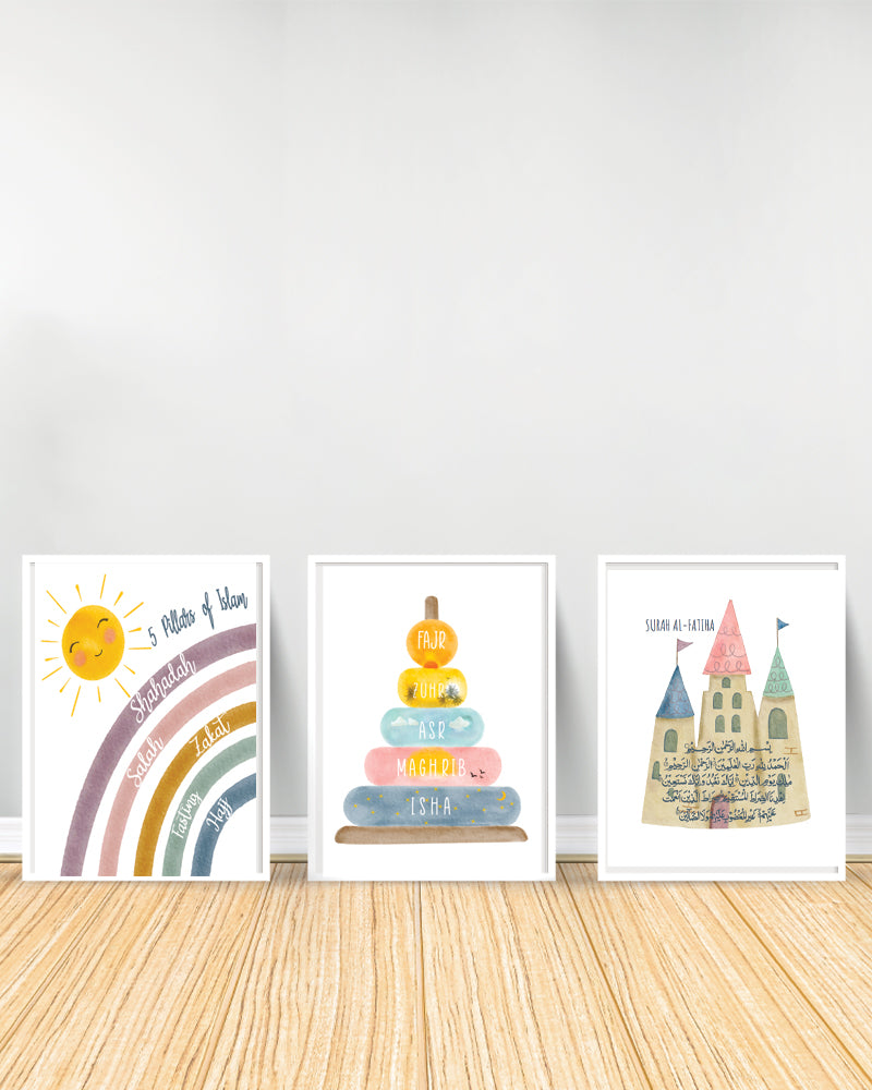 Ensemble de 3 Tableaux décoratifs - Pilliers Islam | Salat| Fatiha - Blanc