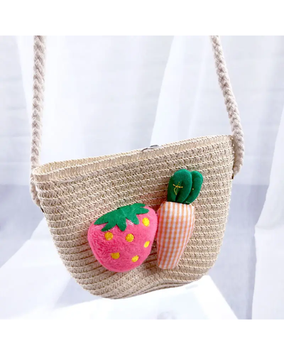 Mini Sac en Paille pour Enfants Fraise Carotte - Beige