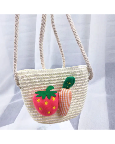 Mini Sac en Paille pour Enfants Fraise Carotte - Beige Clair
